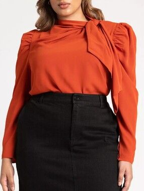 Eloquii Cayenne Tie-Neck Blouse With Puff Sleeves